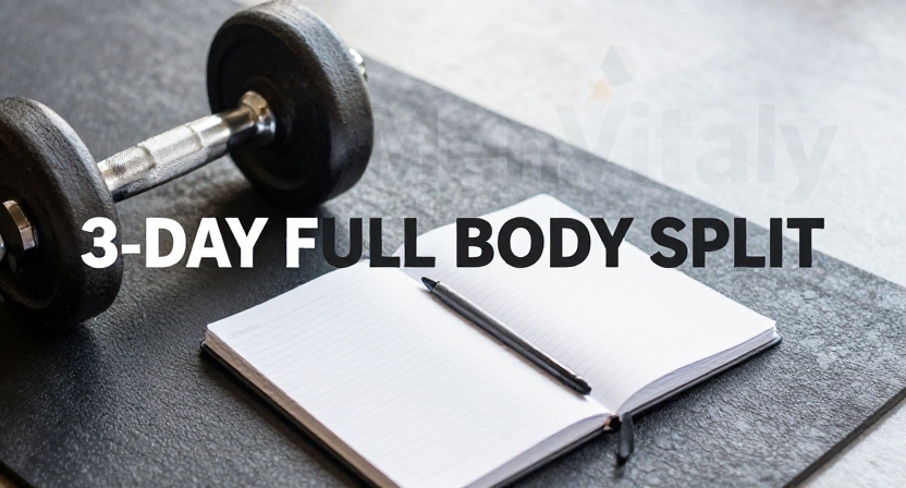 A clean fitness layout showing dumbbells and a training plan for a 3 day split full body routine for fat loss by MenVitaly.