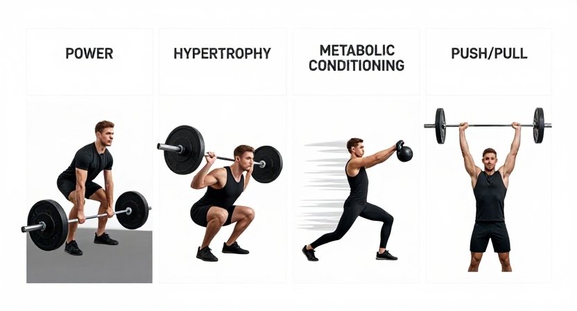 A clean horizontal weekly training split blueprint dividing a male workout routine into Power, Hypertrophy, Metabolic Conditioning, and Push-Pull phases.