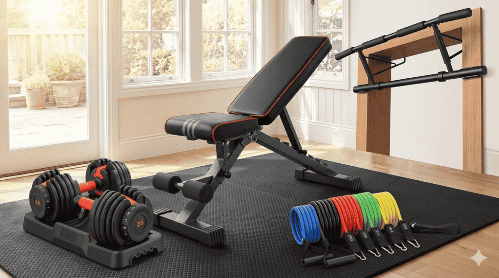 Best affordable home gym equipment for 2026 featuring adjustable dumbbells, resistance bands, weight bench, and yoga mat for a budget home workout.