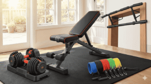 Best affordable home gym equipment for 2026 featuring adjustable dumbbells, resistance bands, weight bench, and yoga mat for a budget home workout.