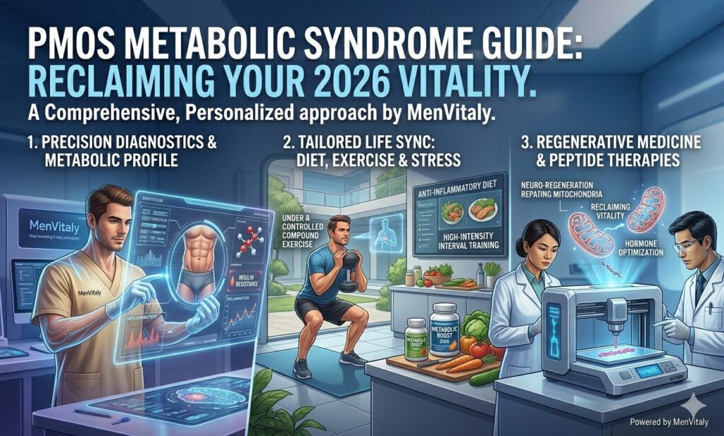 PMOS metabolic syndrome guide showing insulin resistance and hormonal overlap in men.