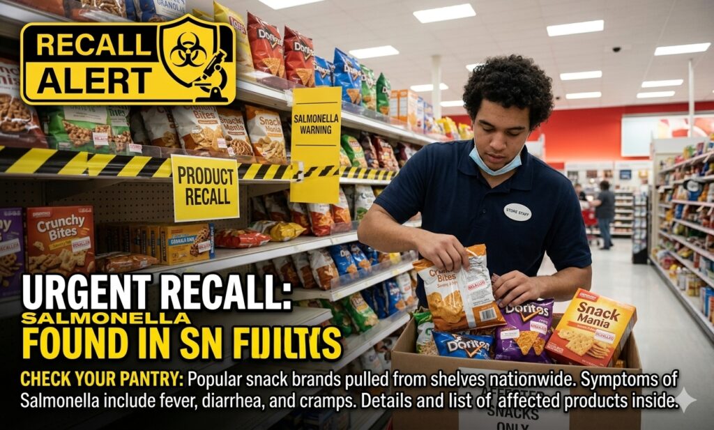 Salmonella snack recall 2026 alert showing affected protein bars and snacks.