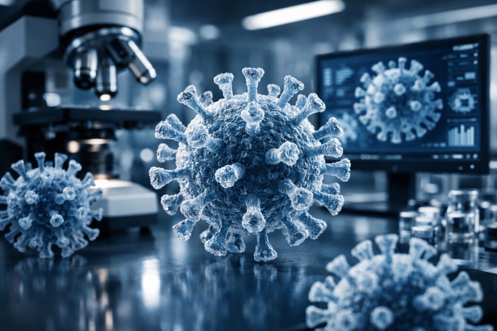 A 3D microscopic visualization of the Ebola virus in a clinical lab environment for the 2026 Ebola Virus Disease (EVD) health guide.