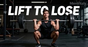 A man executing a heavy barbell squat in a gym, demonstrating the best weight lifting routine to lose weight with a MenVitaly watermark.