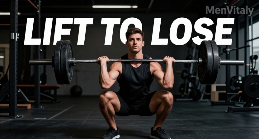 A man executing a heavy barbell squat in a gym, demonstrating the best weight lifting routine to lose weight with a MenVitaly watermark.