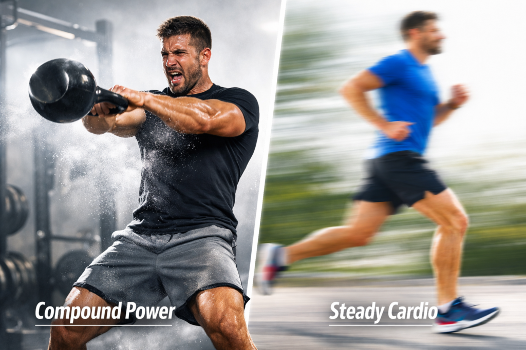 A side-by-side motivational photo contrasting a high-intensity kettlebell swing with traditional steady-state running for male fat loss optimization.