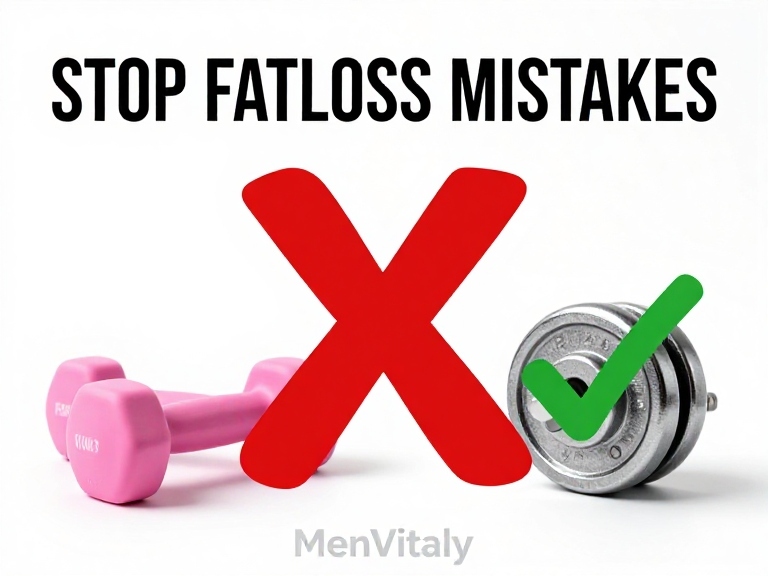 A conceptual comparison warning against lifting too light in a dumbbell only weight loss routine, branded by MenVitaly.