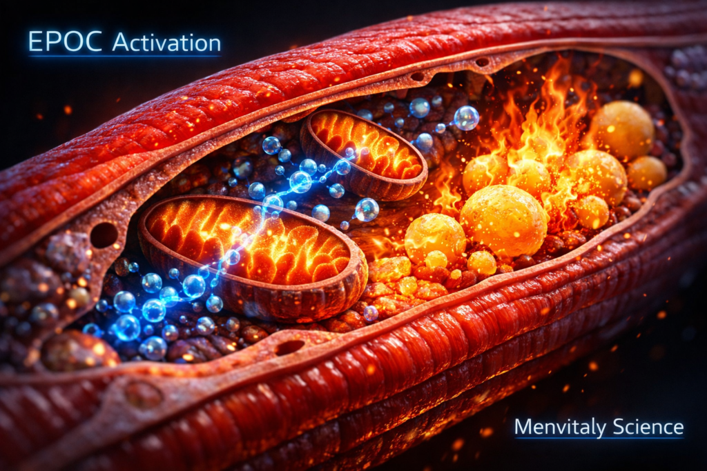 An advanced medical illustration of a human muscle cell cross-section executing fat oxidation and EPOC activation under high-intensity resistance training.