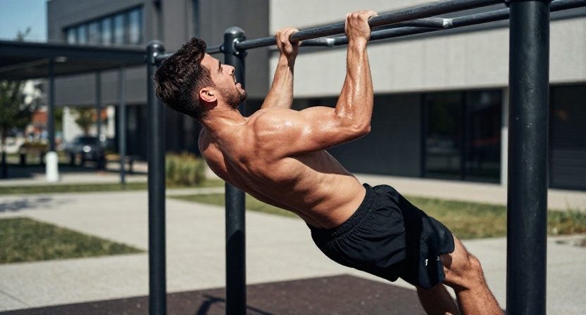 A determined athlete performing an explosive outdoor calisthenics muscle-up routine wearing black Menvitaly performance gear