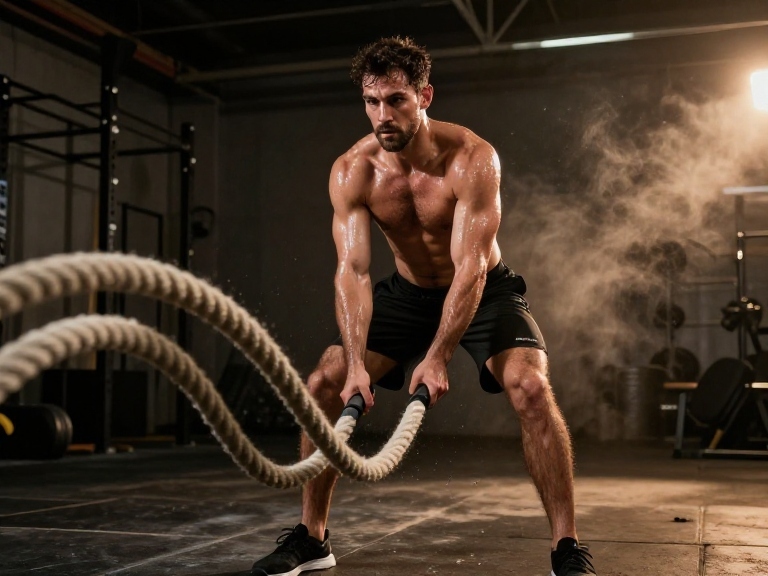A dynamic high-intensity interval training action shot of a male athlete using battle ropes under dramatic gym lighting.