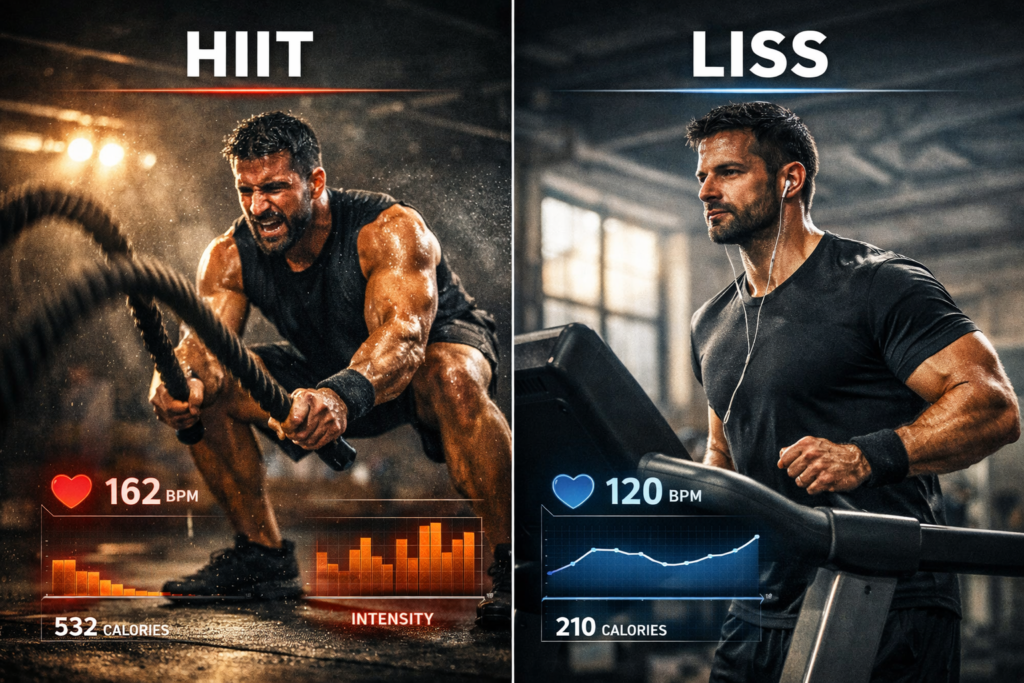 Comparison visual showing High-Intensity Interval Training (HIIT) vs. Low-Intensity Steady-State Cardio (LISS).
