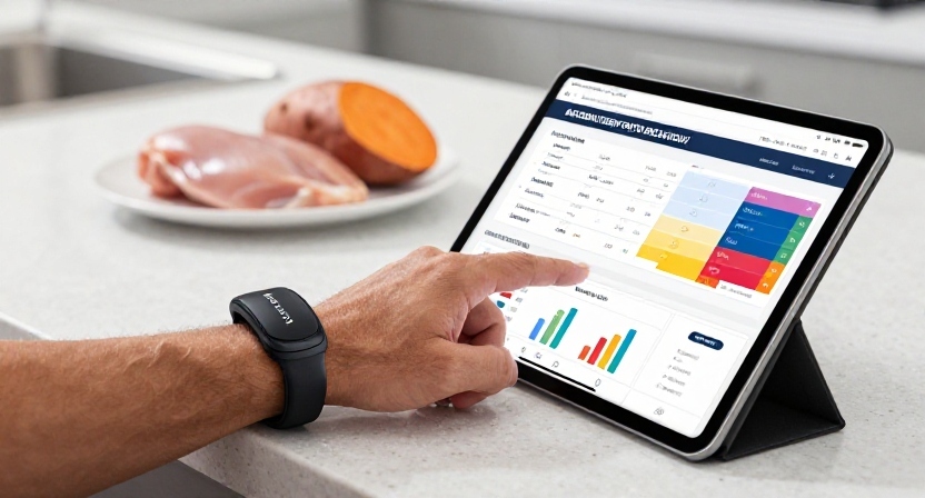 A close-up of an athlete adjusting a digital macro calculator interface displaying targeted caloric deficit and protein metrics next to healthy meal prep.