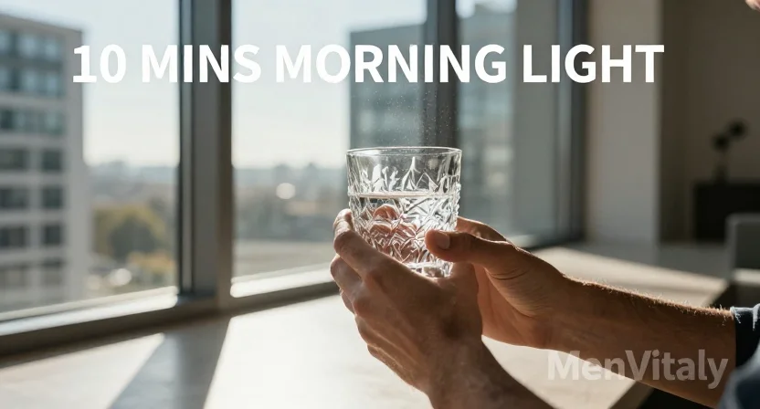 Direct morning sunlight exposure hitting an individual by a window to eliminate early morning fatigue naturally.