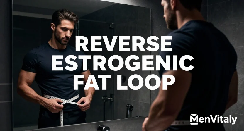 A man checking his waistline reflection to evaluate the presence of estrogen-converting visceral adipose tissue.