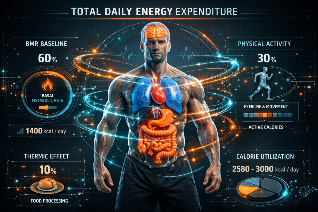 Visual guide explaining Basal Metabolic Rate (BMR) and Total Daily Energy Expenditure (TDEE) for fat loss planning.