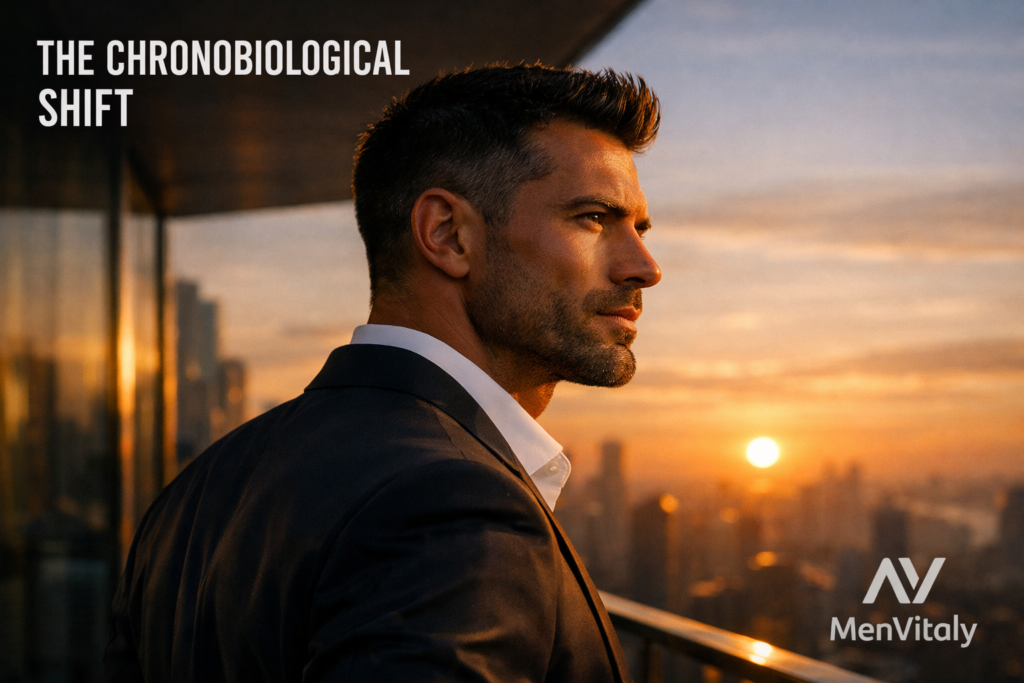 A high-performance man standing outside at dawn to align his circadian rhythm for optimal morning testosterone spikes.