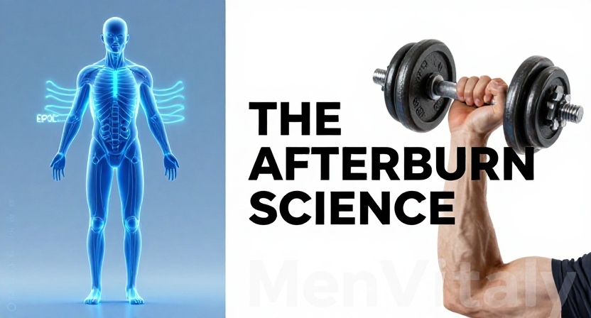 An abstract scientific graphic explaining EPOC and metabolism spikes from a weight lifting for weight loss routine by MenVitaly.