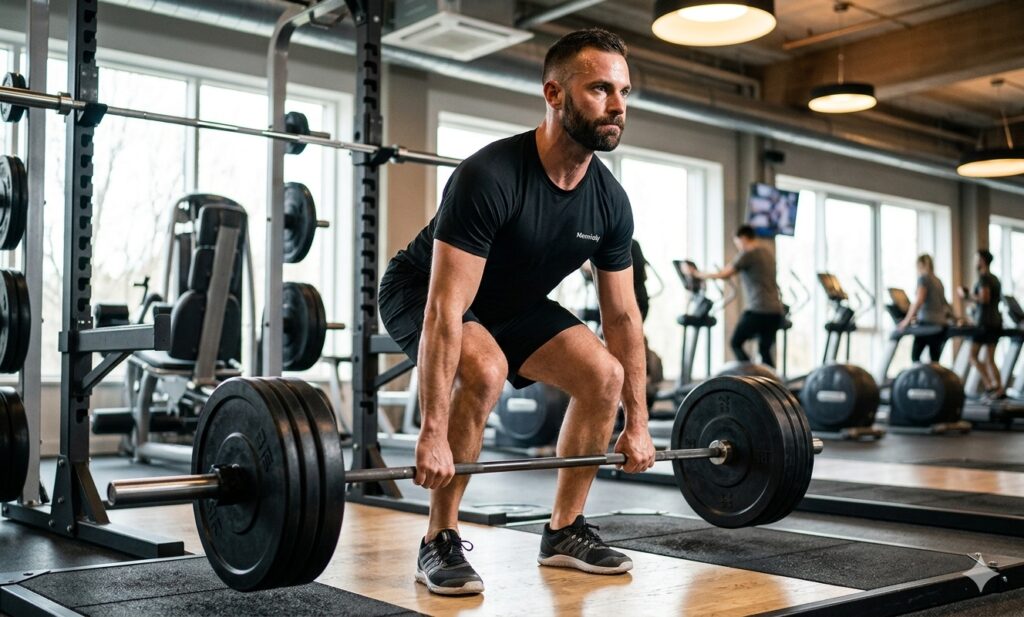 A fit man powerfully deadlifting a heavily loaded barbell inside a modern gym, wearing a 'Menvitaly' performance shirt, focused on strength training for weight loss.