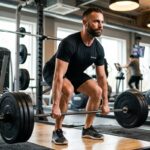 A fit man powerfully deadlifting a heavily loaded barbell inside a modern gym, wearing a 'Menvitaly' performance shirt, focused on strength training for weight loss.