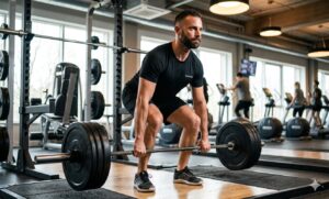 A fit man powerfully deadlifting a heavily loaded barbell inside a modern gym, wearing a 'Menvitaly' performance shirt, focused on strength training for weight loss.