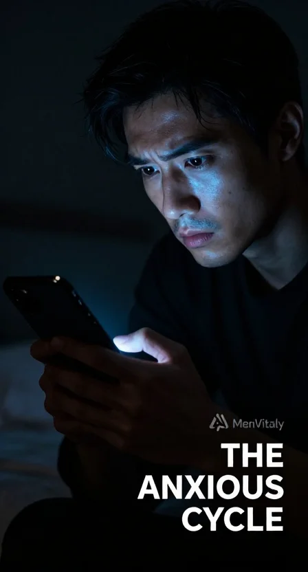 A man looking anxiously at a phone screen, depicting anxious attachment and the fear of abandonment in relationships.