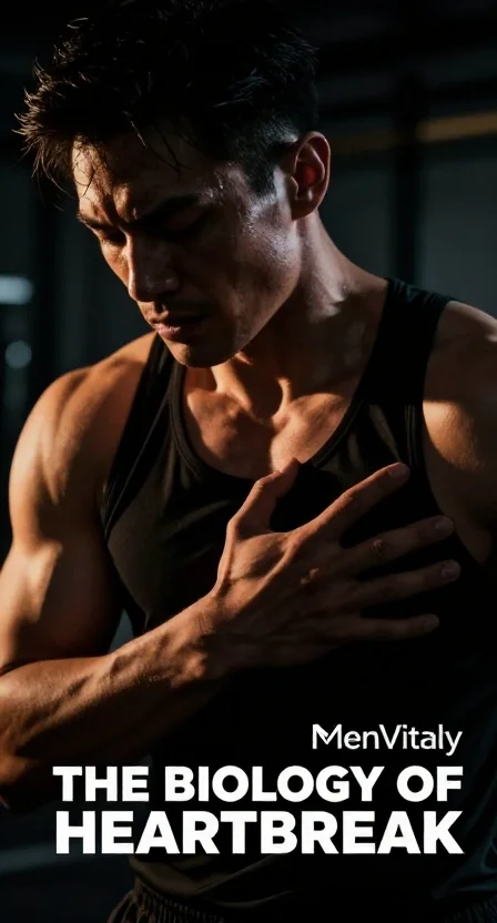 An athletic man experiencing physical distress and chest tightness from high stress-related cortisol and emotional pain.