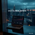 Sleek dark-mode home office setup displaying an analytics dashboard representing digital real estate and website earning metrics.