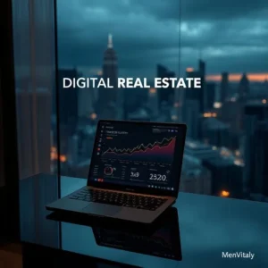 Sleek dark-mode home office setup displaying an analytics dashboard representing digital real estate and website earning metrics.