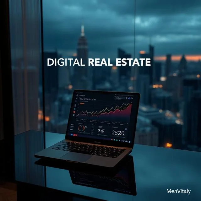 Sleek dark-mode home office setup displaying an analytics dashboard representing digital real estate and website earning metrics.