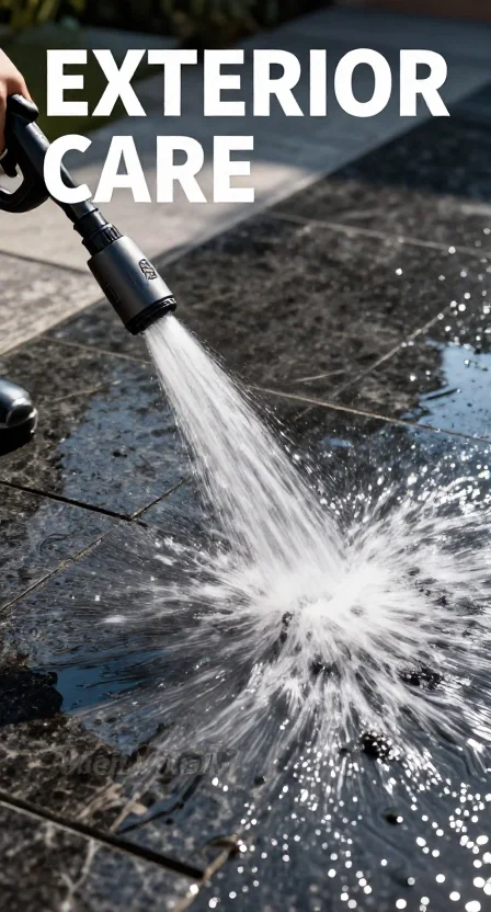 A high-pressure washer cleaning dark stone driveway tiles, demonstrating consistent home maintenance.