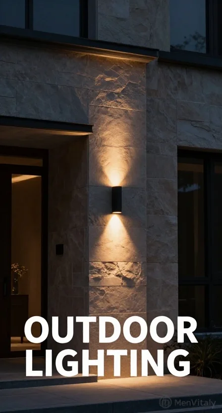 Sleek warm uplighting highlighting the stone texture of a home facade under a twilight sky.