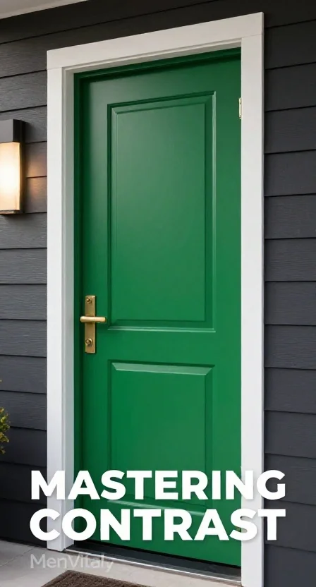 High-gloss green entry door set against contrasting white trim and dark siding materials on a modern home.