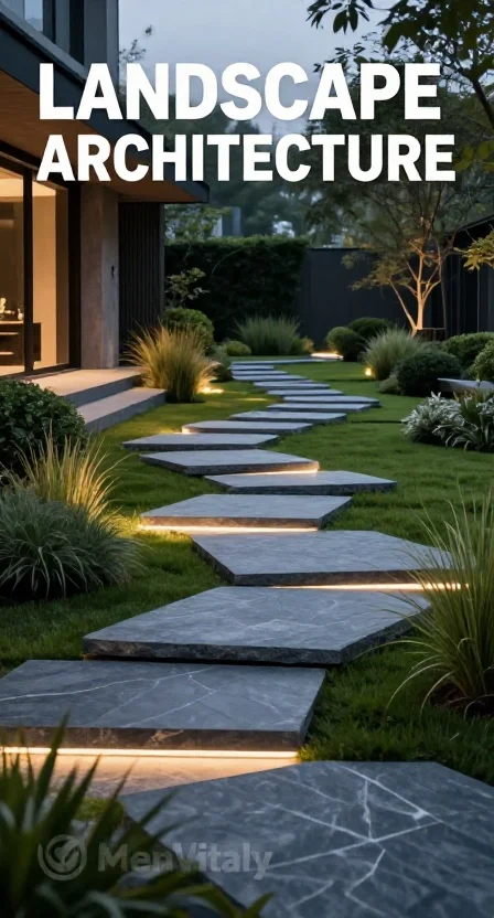 Luxury home entrance featuring geometric slate stone steps and clean landscaping to maximize curb appeal.