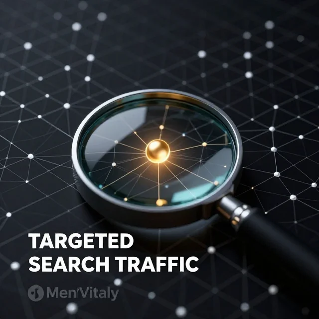 An abstract dark network grid highlighting a single bright gold node, symbolizing targeted organic traffic and SEO.