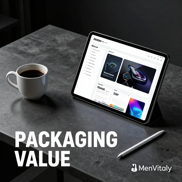 An iPad Pro displaying a high-end digital course template on a polished concrete desk, representing digital products creation.