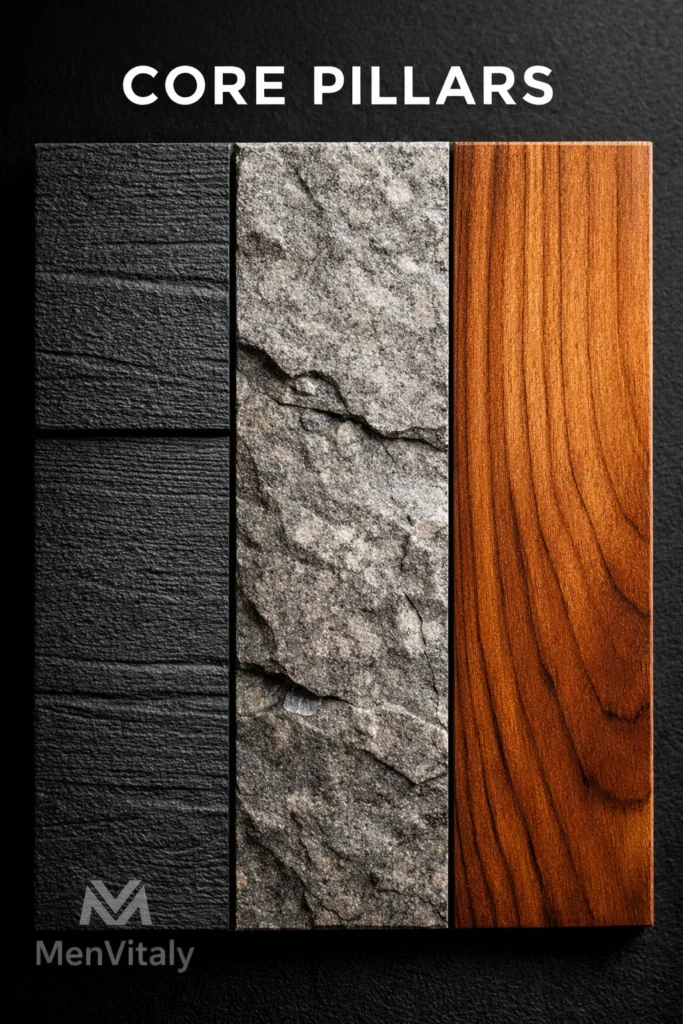 Close-up material board displaying premium siding materials including fiber cement, stone, and cedar.