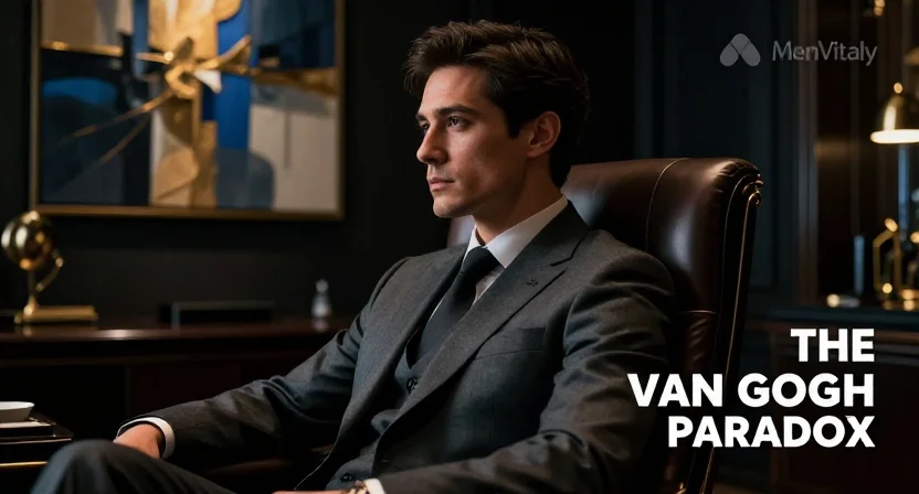 A modern professional man in a dark luxury office reflecting on emotional pain and relationship psychology.